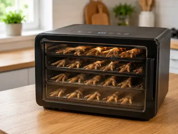 Patas de pollo deshidratándose dentro de un deshidratador de alimentos.