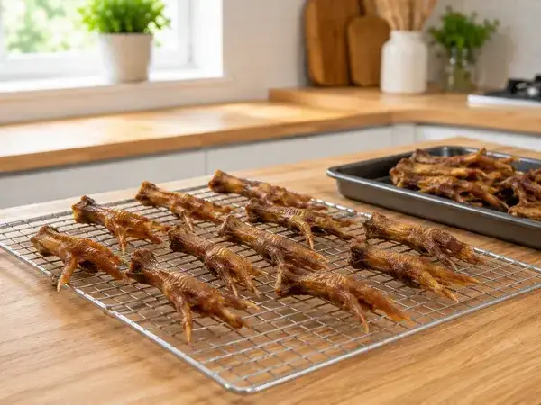 Patas de pollo deshidratadas enfriándose sobre una rejilla antes de almacenarlas.